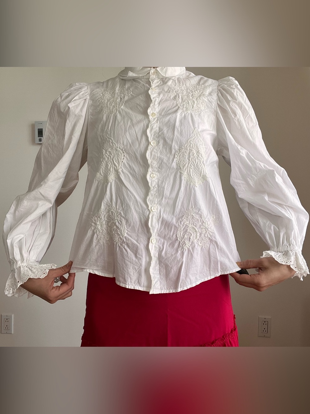 Zara White Embroidered Puff Sleeve Button-Down Shirt